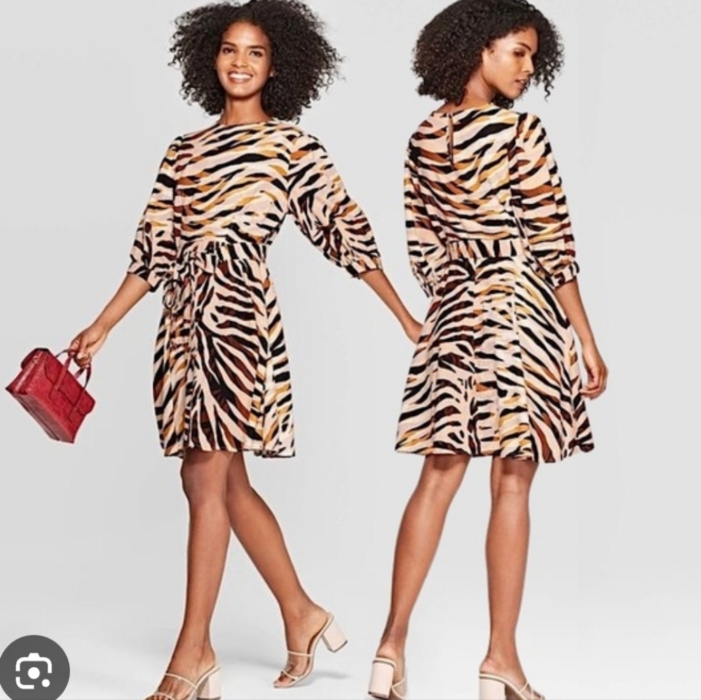 Who What Where Stylish Tiger Print Belted Dress